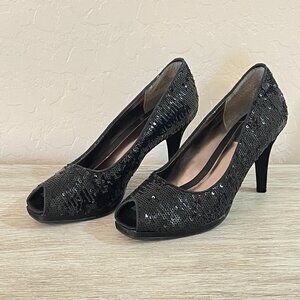 Impo 6 Black Satin Sequin Heels Peeptoe Pumps Dressy Special Occasion